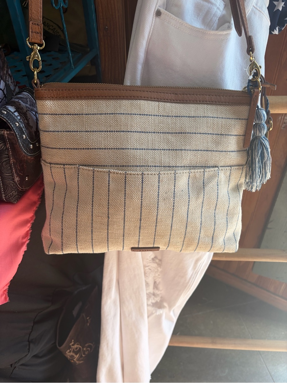Fossil Beige Canvas Crossbody with Blue Pinstripes and Tassel